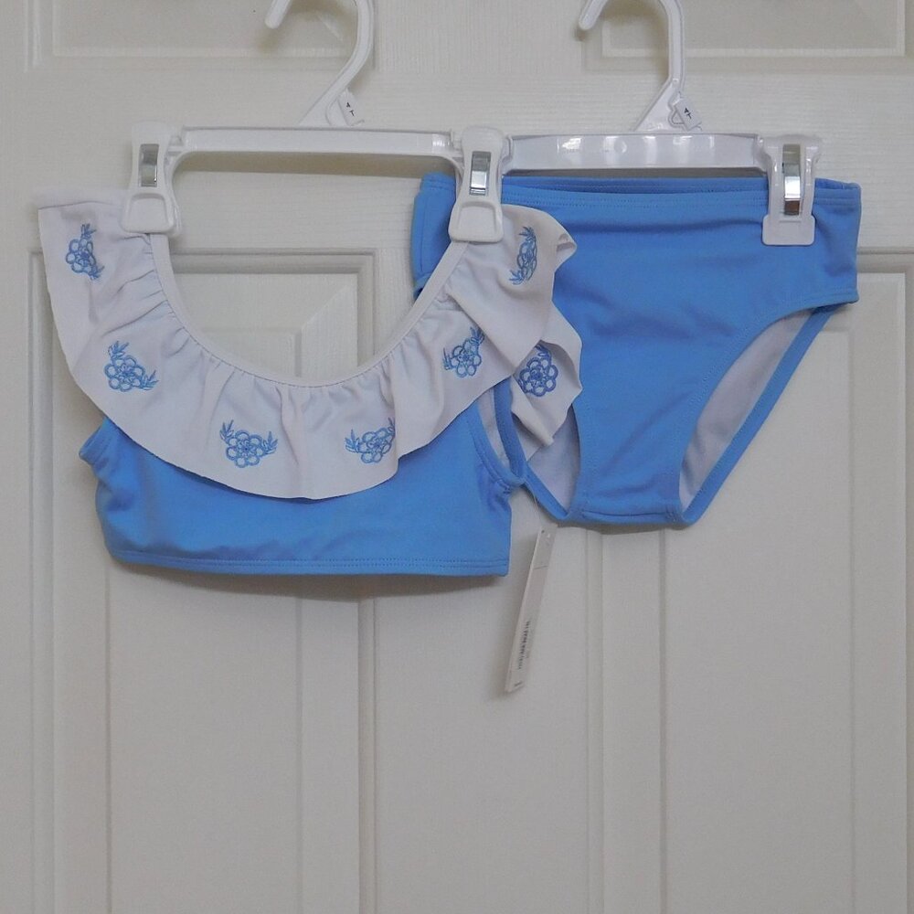 NWT 2pc Janie and Jack Blue Embroidered Ruffle Trim Swimsuit sz 4 5 6 or 7